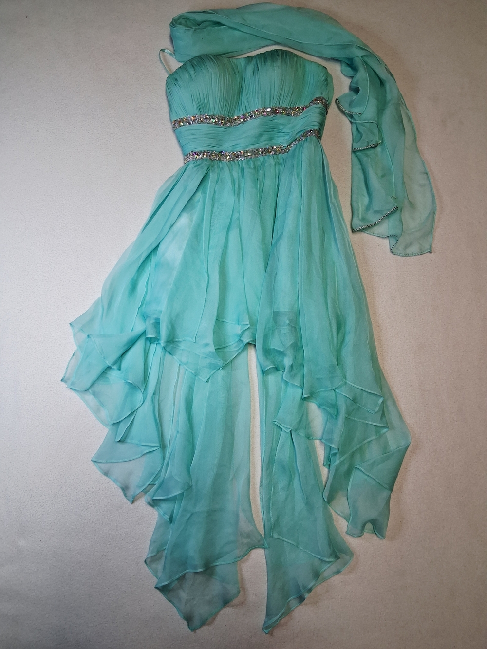 Dancing Queen Aqua Strapless Handkerchief Hem Chiffon Dress with Scarf